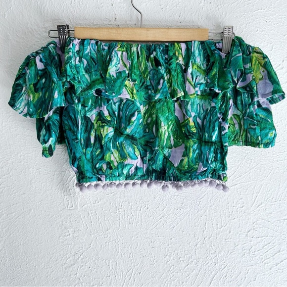 Lovers & Friends Alicia Crop Off Shoulder Top Palm Jungle Print Medium Green NWT - Picture 3 of 6